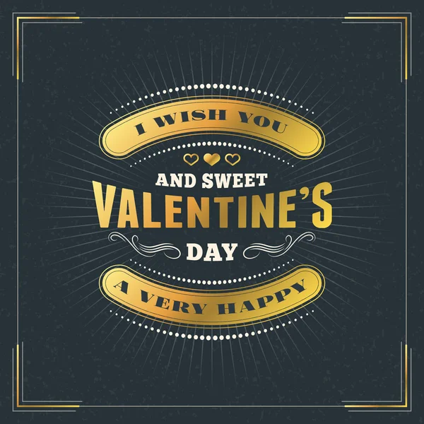 Happy Valentines Day Vintage Retro Golden Badge. Valentines Day Greeting Card or Poster. Vector Design Template with Dark Background — Stock Vector