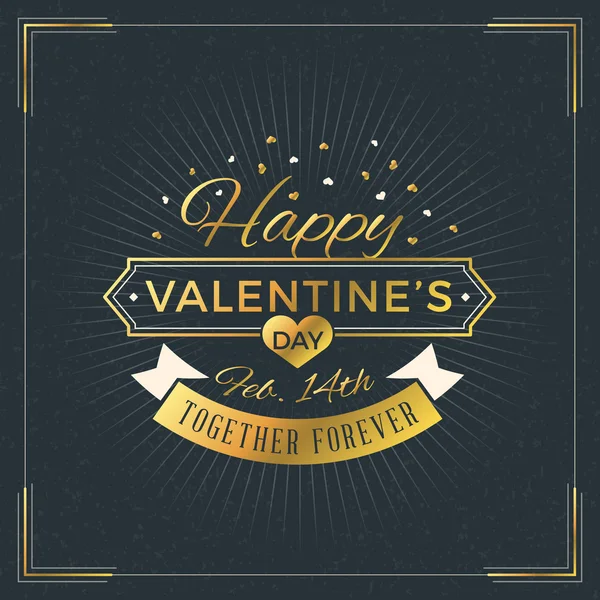 Szczęśliwy Walentynki Vintage Retro złota odznaka. Valentines Day Greeting Card lub plakat. Szablon projektu wektor z ciemnym tle — Wektor stockowy