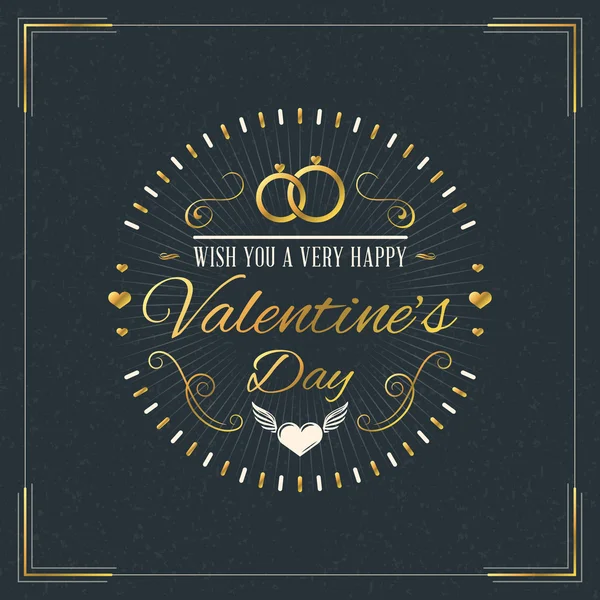 Glückliche Valentinstag vintage retro goldenes Abzeichen. Valentinstag Grußkarte oder Plakat. Vektor-Design-Vorlage mit dunklem Hintergrund — Stockvektor