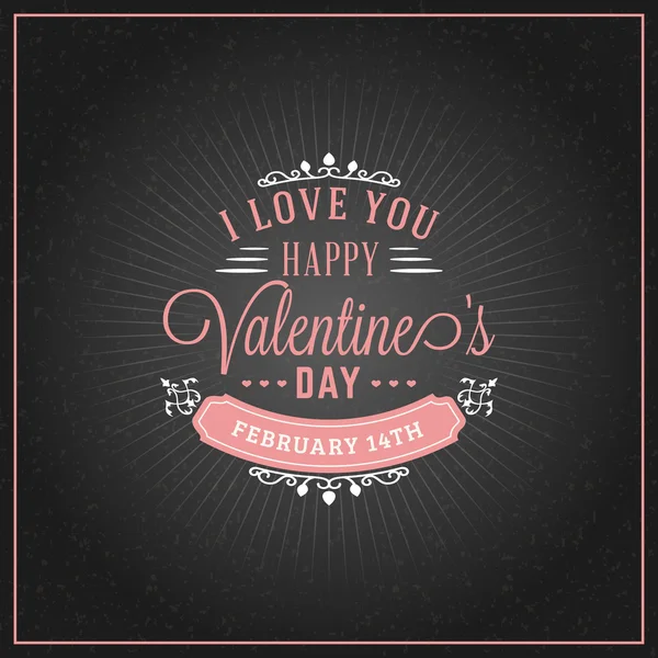 Happy Valentines Day Vintage Retro Badge. Valentines Day Greeting Card or Poster. Vector Design Template with Dark Background — Διανυσματικό Αρχείο