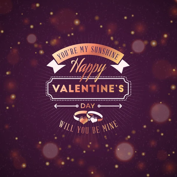 Happy Valentines Day Retro Badge. Valentines Day Greeting Card or Poster. Vector Illustration. Design Template with Dark Background with Hearts and Bokeh — Wektor stockowy