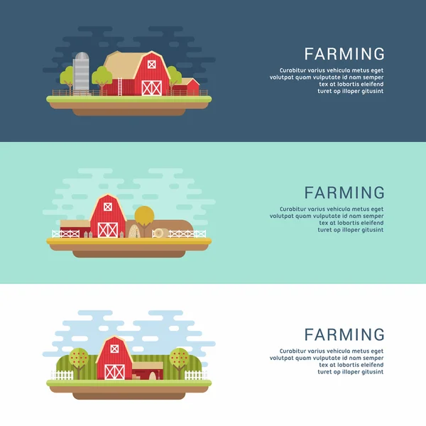 Set of Vector Flat Style Illustrations of Farm Landscape with Farmhouses and Fields. Web Banner Template — 스톡 벡터