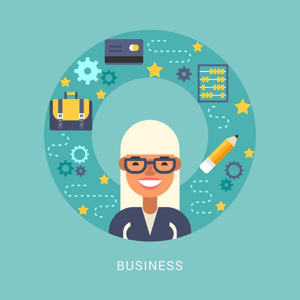 Business Icons and Objects in the Shape of Circle. Businesswoman Cartoon Character. Vector Illustration in Flat Design Style — Stock vektor