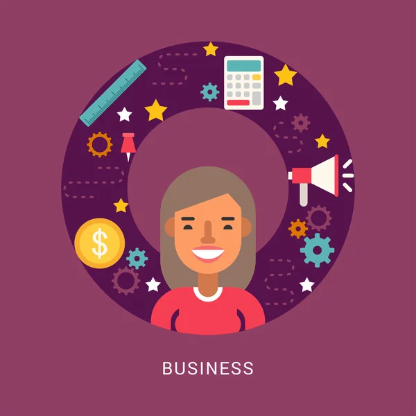 Business Icons and Objects in the Shape of Circle. Businesswoman Cartoon Character. Vector Illustration in Flat Design Style — Stock vektor