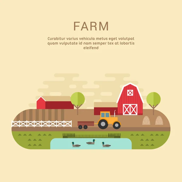 Vektorové ilustrace ploché styl zemědělské krajiny s statky a pole — Stockový vektor