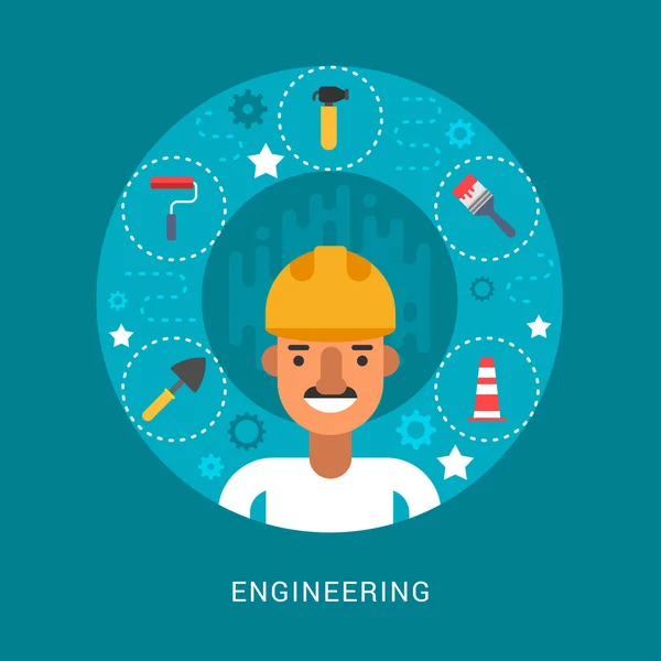 Building Icons and Objects in the Shape of Circle. Engineer Cartoon Character. Vector Illustration in Flat Design Style — Stok Vektör