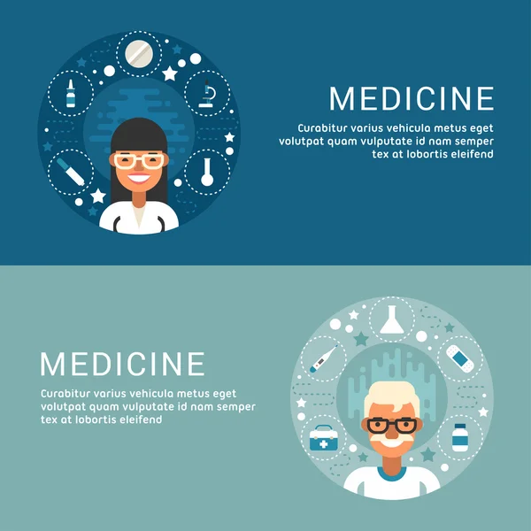 Set of Flat Style Vector Conceptual Illustrations for Web Banners. People Occupation. Medicine. Medicine Icons and Objects in the Shape of Circle. Doctor Cartoon Character — 图库矢量图片