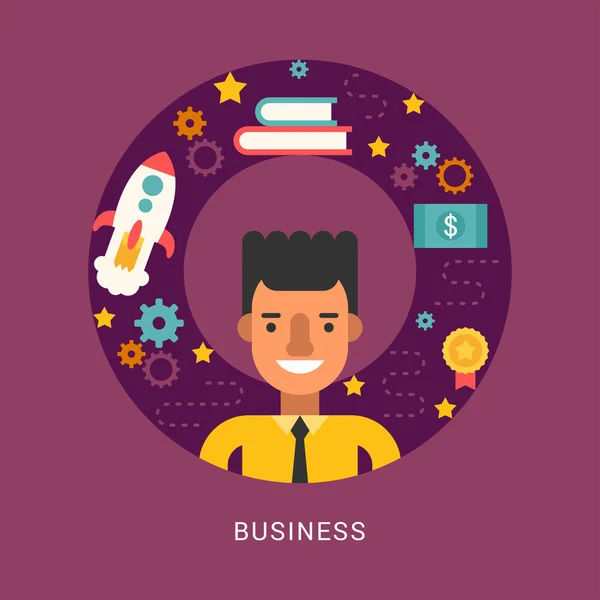 Business Icons and Objects in the Shape of Circle. Businessman Cartoon Character. Vector Illustration in Flat Design Style — Stock vektor