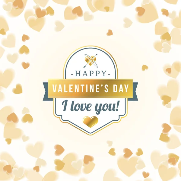 Happy Valentines Day Typographical Golden Badge. Valentines Day Card. Vector Illustration. Design Template on Light Background with Flying Hearts — Stockový vektor