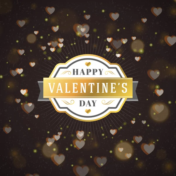 Happy Valentines Day Retro Golden Badge. Valentines Day Greeting Card or Poster. Vector Illustration. Design Template with Dark Background with Hearts and Bokeh — Stok Vektör