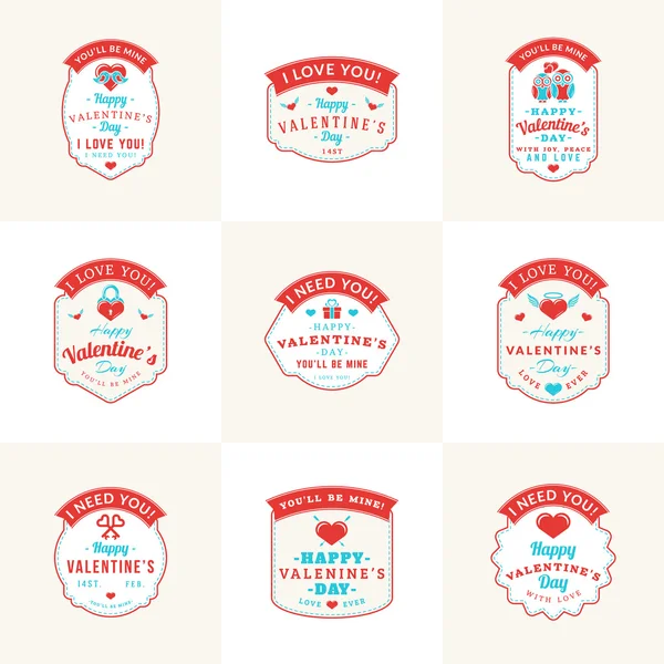 Set von Vintage Happy Valentines Day Abzeichen und Etiketten. Typografie-Design-Vorlage mit roten und türkisfarbenen Farben — Stockvektor