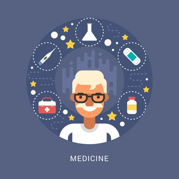 Medicine Icons and Objects in the Shape of Circle. Personaje del Doctor Cartoon. Ilustración vectorial en estilo de diseño plano — Vector de stock