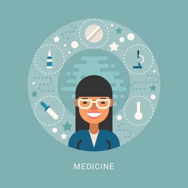 Medicine Icons and Objects in the Shape of Circle. Personaje del Doctor Cartoon. Ilustración vectorial en estilo de diseño plano — Vector de stock