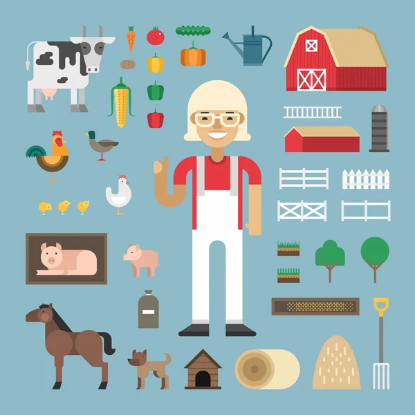 Set of Vector Icons and Illustrations in Flat Design Style. Profession Concept, Farmer. Female Cartoon Character Surrounded by Farms Elements and Farm Animals — Διανυσματικό Αρχείο