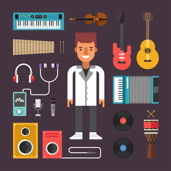 Conjunto de iconos vectoriales e ilustraciones en estilo de diseño plano. Músico de profesión. Personaje masculino de dibujos animados rodeado de instrumentos musicales — Vector de stock