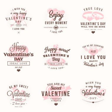 Set Of Happy Valentines Day Labels and Badges. Retro Typography Vector Design Templates. Vector Illustration. Valentines Day Greeting Cards. Valentines Day Vintage Typographic Badges