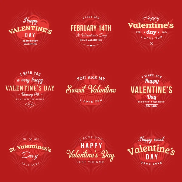 Set de Feliz Día de San Valentín Etiquetas e Insignias. Plantillas de diseño vectorial tipografía retro. Ilustración vectorial. Tarjetas de felicitación del día de San Valentín. Día de San Valentín Vintage insignias tipográficas — Vector de stock