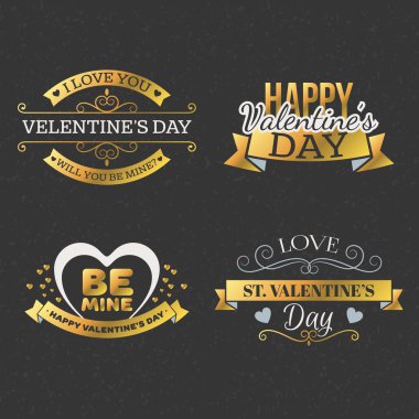 Set Of Retro Vintage Happy Valentines Day Badges and Labels. Typography Design Template with Golden and Gray Colors. Design Elements for Greeting Cards or Posters