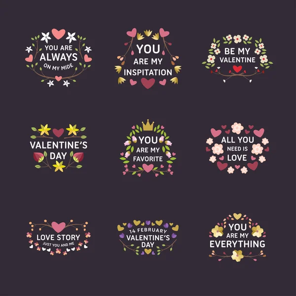 Conjunto de insignias decorativas florales y marcos sobre fondo negro. Feliz día de San Valentín. Elemento de diseño de tipografía vectorial para tarjeta de felicitación — Archivo Imágenes Vectoriales