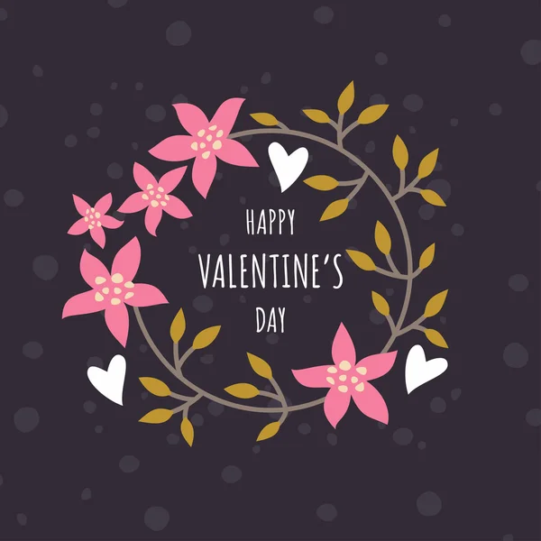 Cadre floral décoratif avec texte - Joyeuse Saint-Valentin - sur fond noir. Élément de conception vectorielle pour la carte de voeux de la Saint-Valentin — Image vectorielle