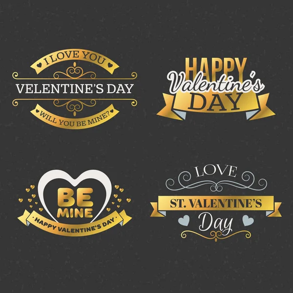 Set retro vintage happy valentines day abzeichen und etiketten. Typografie-Design-Vorlage mit goldenen und grauen Farben. Gestaltungselemente für Grußkarten oder Poster — Stockvektor