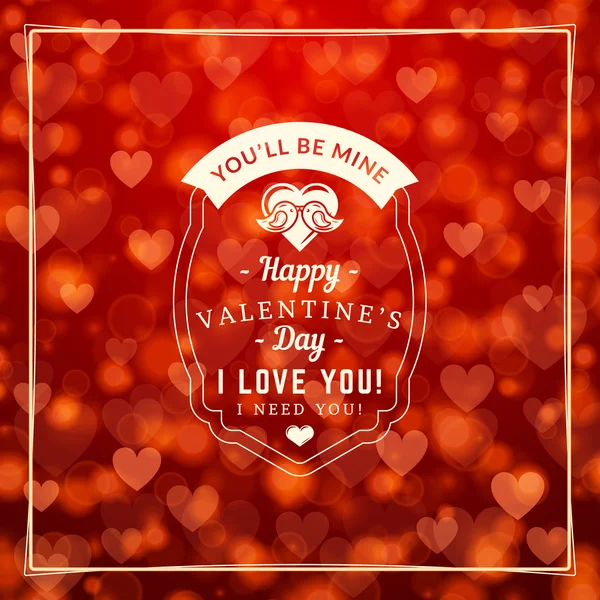 Happy Valentines Day Vintage Retro Badge. Carte de voeux ou affiche de la Saint-Valentin. Illustration vectorielle. Modèle de conception avec fond rouge et coeurs — Image vectorielle