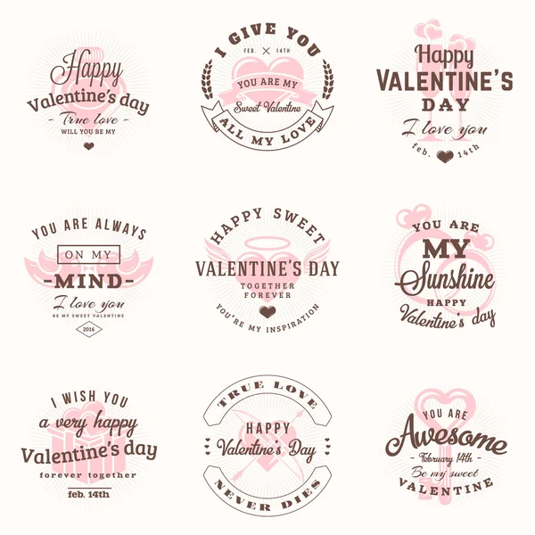 Set de Feliz Día de San Valentín Etiquetas e Insignias. Plantillas de diseño vectorial tipografía retro. Tarjetas de felicitación del día de San Valentín — Archivo Imágenes Vectoriales