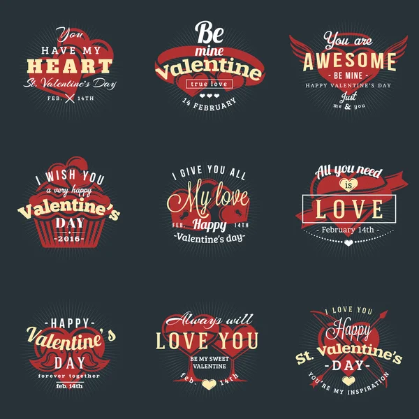 Ensemble d'étiquettes et d'insignes pour la Saint-Valentin. Modèles de conception vectorielle de typographie rétro. Cartes de voeux pour la Saint-Valentin — Image vectorielle