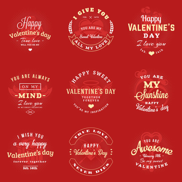 Набор этикеток и значков ко Дню святого Валентина. Шаблоны векторного дизайна ретро-типографии. Векторная иллюстрация. Поздравительные открытки на День Святого Валентина. День святого Валентина Винтажные типографские значки
