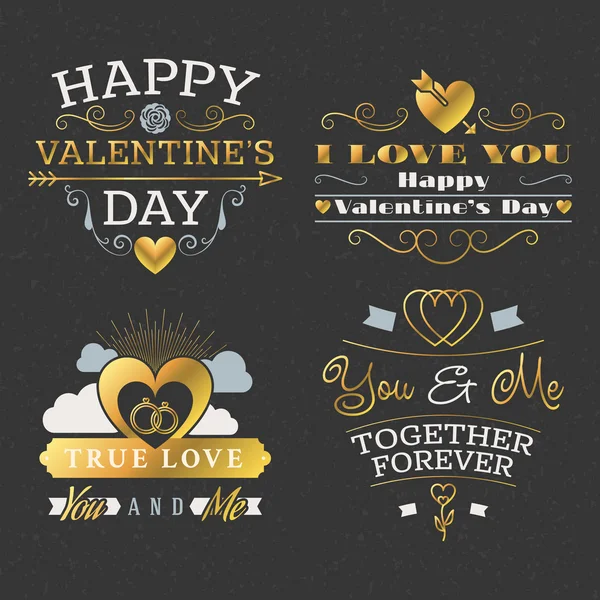 Set de Placas y Etiquetas Retro Vintage Feliz Día de San Valentín. Plantilla de diseño tipográfico con colores dorado y gris. Elementos de diseño para tarjetas de felicitación o carteles — Archivo Imágenes Vectoriales