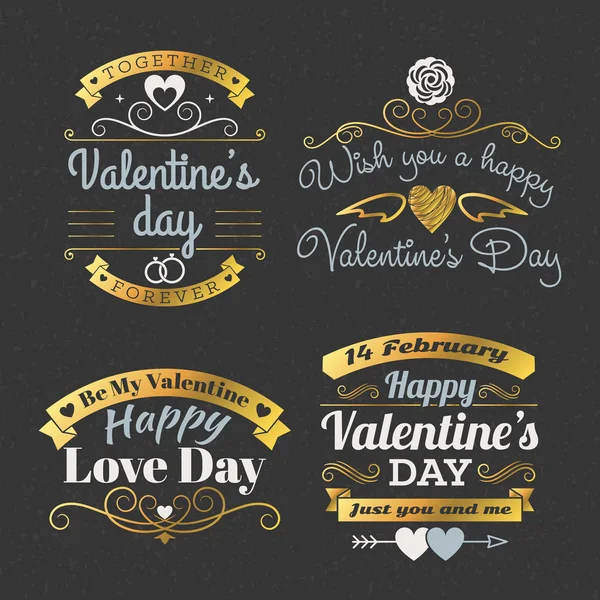 Set retro vintage happy valentines day abzeichen und etiketten. Typografie-Design-Vorlage mit goldenen und grauen Farben. Gestaltungselemente für Grußkarten oder Poster — Stockvektor