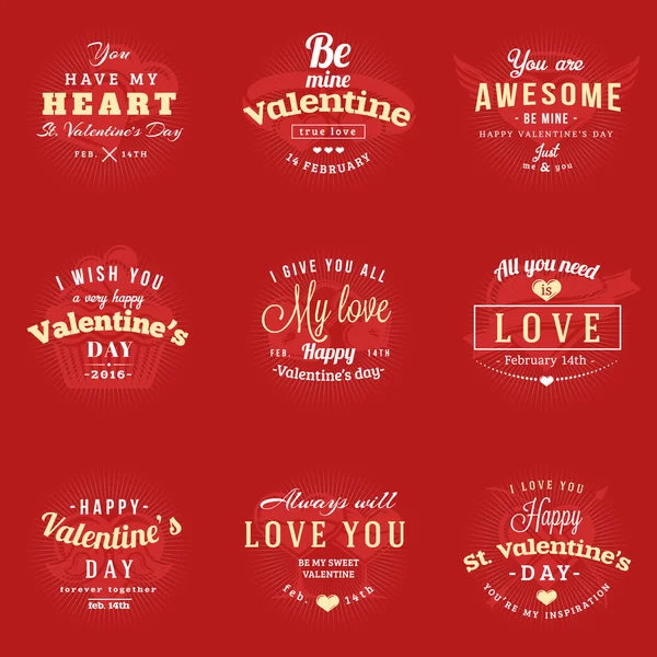Etiketten und Abzeichen für glückliche Valentinstage. Retro-Typografie-Vektor-Designvorlagen. Valentinstag-Grußkarten — Stockvektor