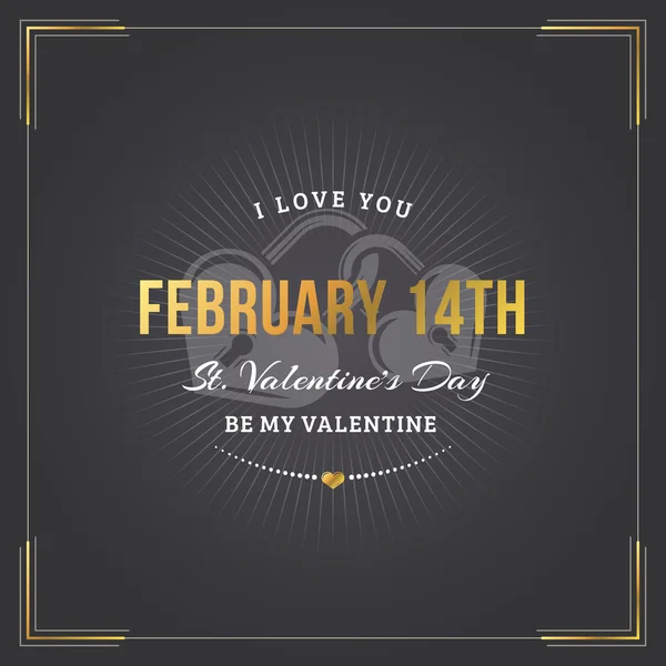 Happy Valentines Day Vintage Retro gouden Badge. Valentijnsdag wenskaart of Poster. Vector ontwerpsjabloon met donkere achtergrond — Stockvector