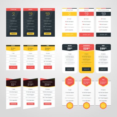 Set of Pricing Table Design Templates for Websites and Applications. Flat Style Vector Illustration