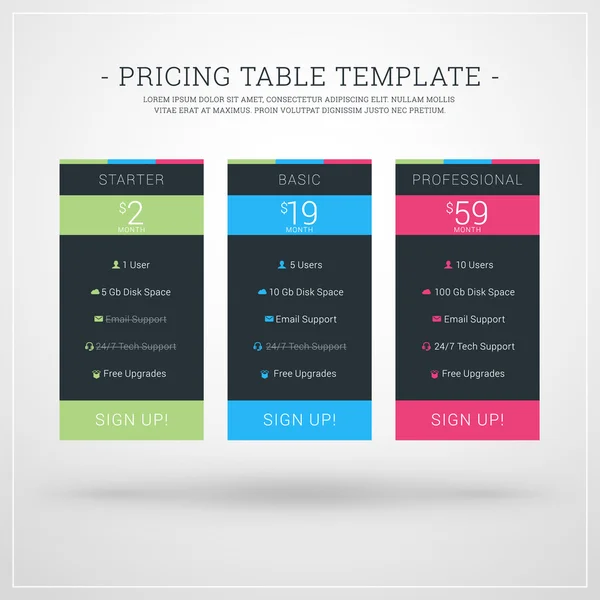 Modelo de design vetorial para tabela de preços para sites e aplicativos. Design plano Vector Ilustração — Vetor de Stock