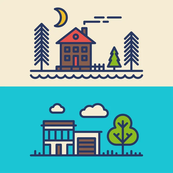 Conjunto de ilustraciones de vectores de arte de línea de estilo plano para casas de campo — Vector de stock