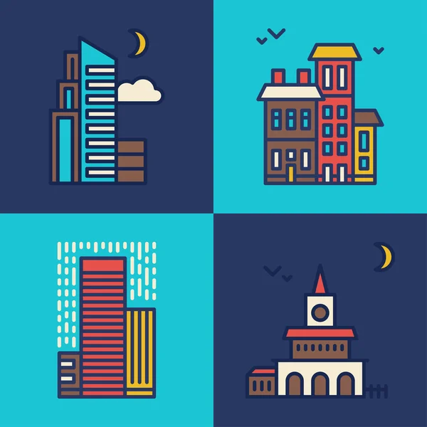 Set of Flat Style Line Art Vector Illustrations for Modern Buildings and Skyscrapers — Stock Vector