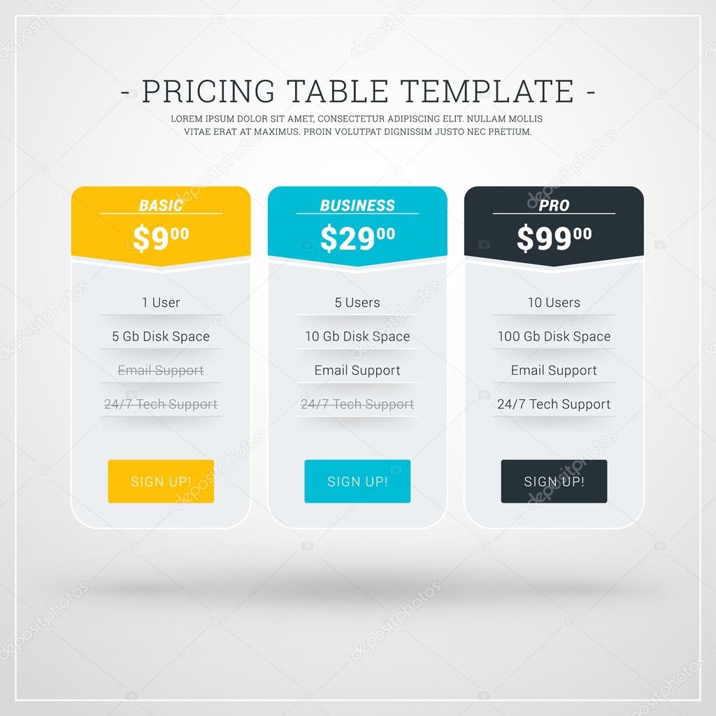 Vector Design Template for Pricing Table for Websites and Applications. Flat Design Vector Illustration
