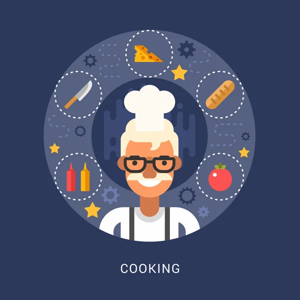 Food Icons and Objects in the Shape of Circle. Chef. Male Cartoon Character. Vector Illustration in Flat Design Style — Stock vektor