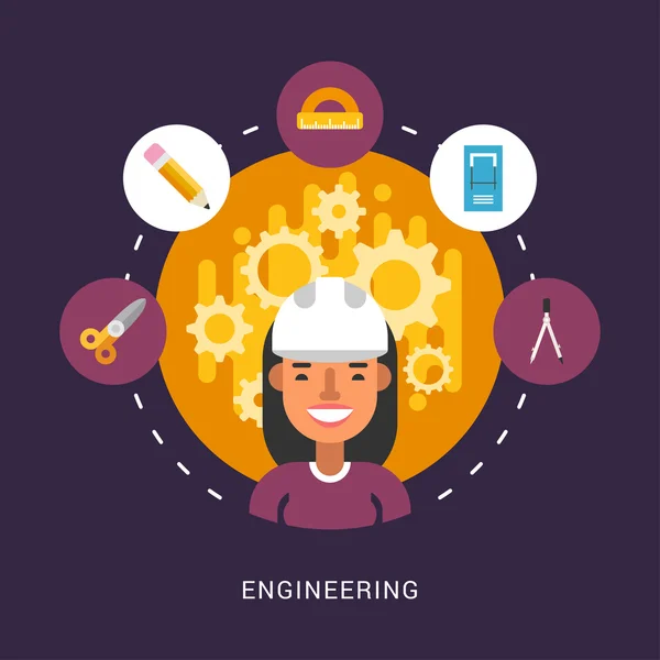 Building Icons and Objects in the Shape of Circle. Engineer Female Cartoon Character. Vector Illustration in Flat Design Style — Stockový vektor