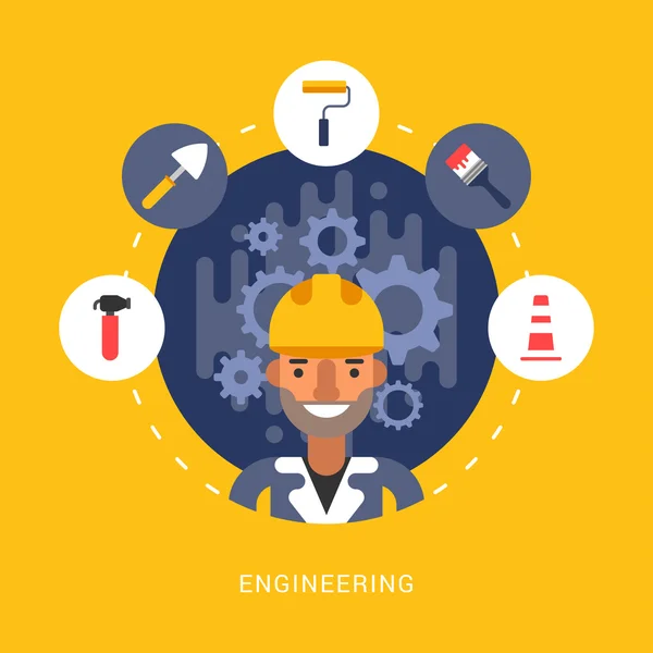 Building Icons and Objects in the Shape of Circle. Engineer Male Cartoon Character. Vector Illustration in Flat Design Style — Stok Vektör