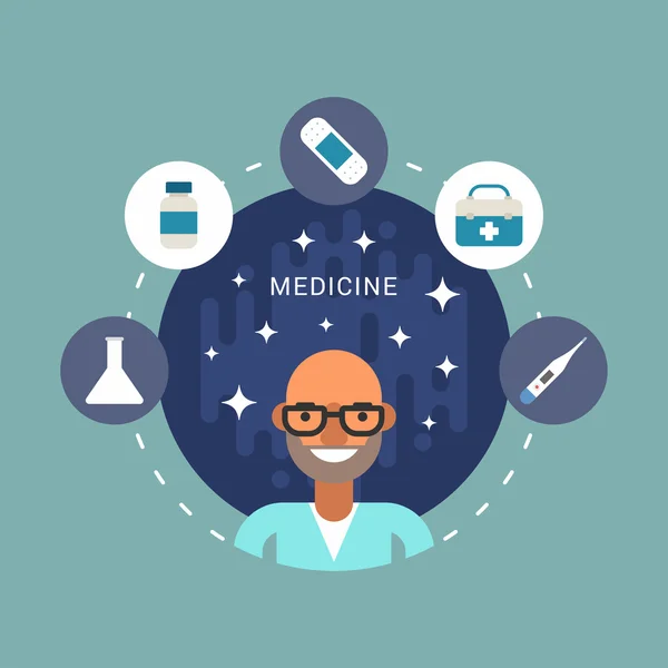 Medicine Icons and Objects in the Shape of Circle. Doctor Cartoon Character. Vector Illustration in Flat Design Style — Stok Vektör