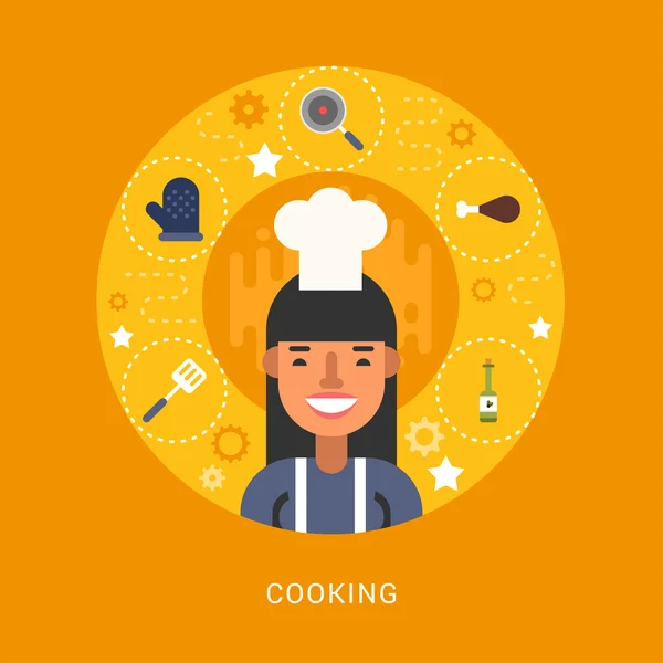 Food Icons and Objects in the Shape of Circle. Chef. Female Cartoon Character. Vector Illustration in Flat Design Style — ストックベクタ