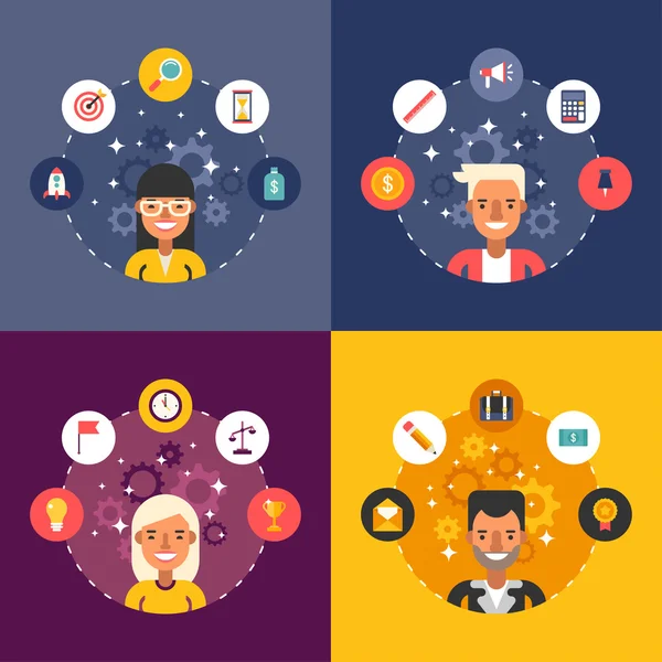 Set of Vector Illustrations in Flat Design Style. Business Icons and Objects in the Shape of Circle. Businessman Cartoon Characters — Stock vektor