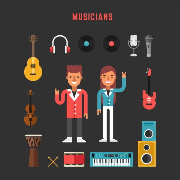 Conjunto de iconos vectoriales e ilustraciones en estilo de diseño plano. Músico de profesión. Personajes de dibujos animados masculinos y femeninos rodeados de instrumentos musicales — Vector de stock