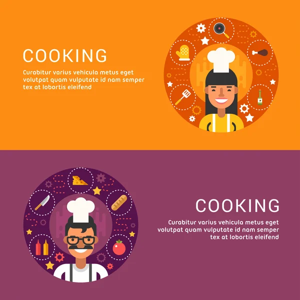 Flat Design Concept for Web Banners. Cooking. Food Icons and Objects in the Shape of Circle. Chef. Male and Female Cartoon Character. Vector Illustration in Flat Design Style — Stockový vektor