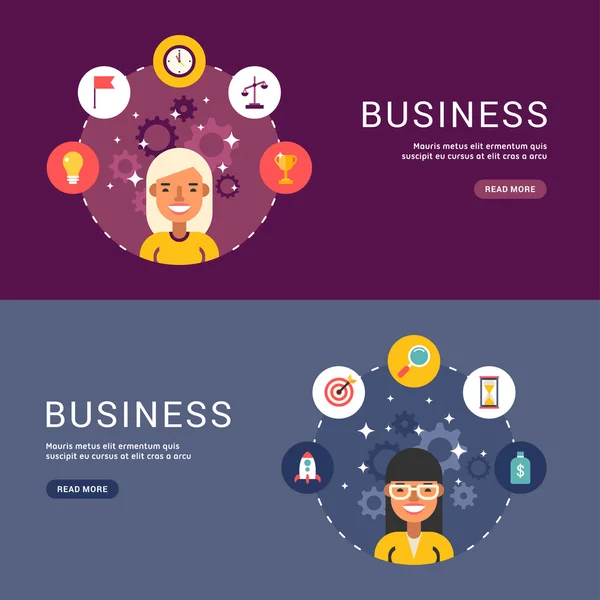 Flat Design Concept for Web Banners. Business Icons and Objects in the Shape of Circle. Female Businessman Cartoon Characters. Vector Illustration in Flat Design Style — Stock Vector