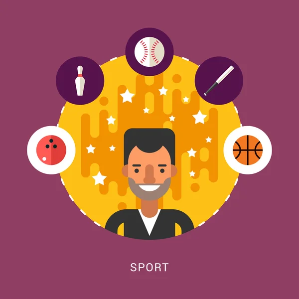 Ilustrações vetoriais em estilo de design plano. Ícones do esporte e personagem de desenho animado desportivo no círculo — Vetor de Stock