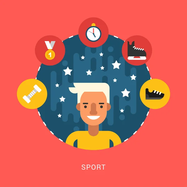 Ilustrações vetoriais em estilo de design plano. Ícones do esporte e personagem de desenho animado desportivo no círculo —  Vetores de Stock