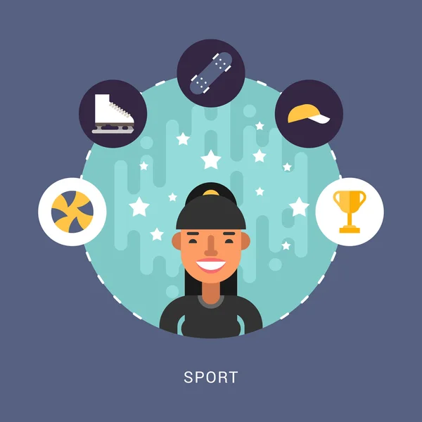 Ilustraciones vectoriales en estilo de diseño plano. Iconos del deporte y deportista personaje de dibujos animados en círculo — Archivo Imágenes Vectoriales